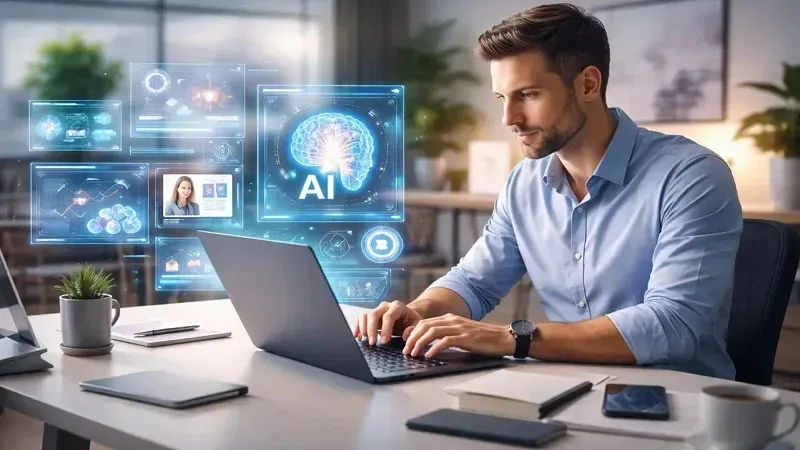 Laptop par AI software use karta hua person